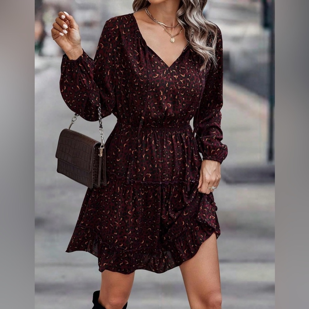 NWOT Burgundy Brown & Black Animal Leopard Pattern Tiered Dress, Long Sleeve -XL